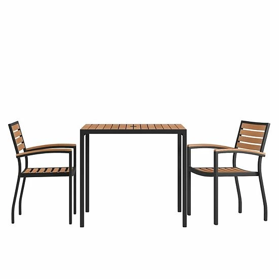 Emma+Oliver Emma And Oliver 3 Piece Patio Table Set - Synthetic Teak Poly Slats - 35" Square Steel Framed Table With Umbrella Holder Hole - 2 Stackable Club Chairs 1 Emma+Oliver Emma And Oliver 3 Piece Patio Table Set - Synthetic Teak Poly Slats - 35" Square Steel Framed Table With Umbrella Holder Hole - 2 Stackable Club Chairs
