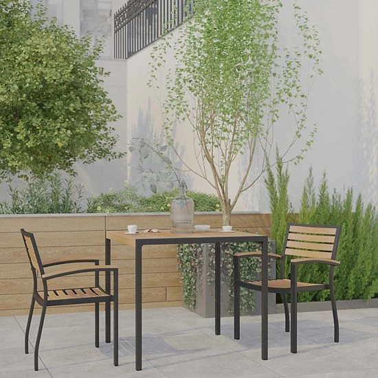 Emma+Oliver Emma And Oliver 3 Piece Patio Table Set - Synthetic Teak Poly Slats - 35" Square Steel Framed Table With Umbrella Holder Hole - 2 Stackable Club Chairs 2 Emma+Oliver Emma And Oliver 3 Piece Patio Table Set - Synthetic Teak Poly Slats - 35" Square Steel Framed Table With Umbrella Holder Hole - 2 Stackable Club Chairs - Image 2