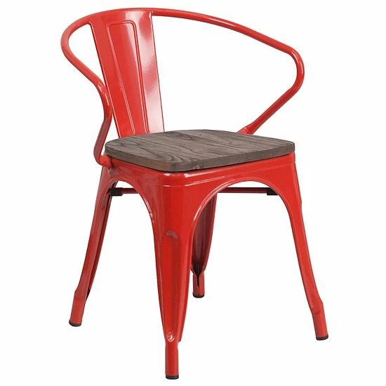 Emma+Oliver Emma And Oliver Orange Metal Chair With Wood Seat And Arms Red 1 Emma+Oliver Emma And Oliver Orange Metal Chair With Wood Seat And Arms Red