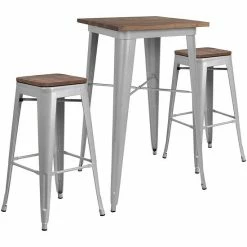 Emma+Oliver Emma And Oliver 23.5" Square Black Metal/Wood Bar Table Set - 2 Backless Stools Silver