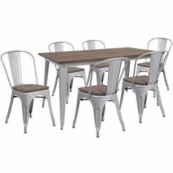Emma+Oliver Emma And Oliver 30.25" X 60" Black Metal/Wood Table Set - 6 Stack Chairs Silver -Emma+Oliver shop unnamed file 6221