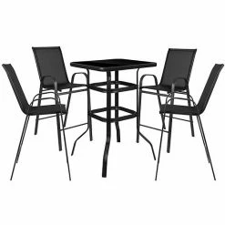 Emma+Oliver Emma And Oliver 5 Piece Outdoor Bar Height Set-Glass Patio Bar Table-Gray All-Weather Barstools Black