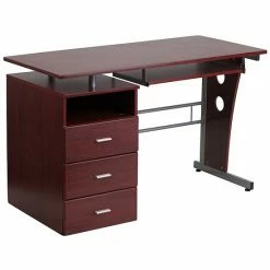 Emma+Oliver Emma And Oliver Mahogany Desk With Three Drawer Pedestal And Keyboard Tray