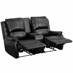 Emma+Oliver Emma And Oliver Black LeatherSoft Plush Back 2-Seat Reclining Theater Unit-Cup Holders