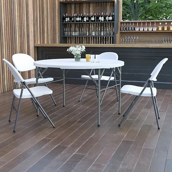 Emma+Oliver Emma And Oliver 4-Foot Round Bi-Fold Granite White Plastic Event Folding Table With Handle 2 Emma+Oliver Emma And Oliver 4-Foot Round Bi-Fold Granite White Plastic Event Folding Table With Handle - Image 2