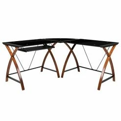 Emma+Oliver Emma And Oliver Glass L-Shape Desk With Pull-Out Keyboard Tray Black