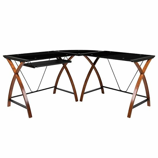 Emma+Oliver Emma And Oliver Glass L-Shape Desk With Pull-Out Keyboard Tray Black 1 Emma+Oliver Emma And Oliver Glass L-Shape Desk With Pull-Out Keyboard Tray Black