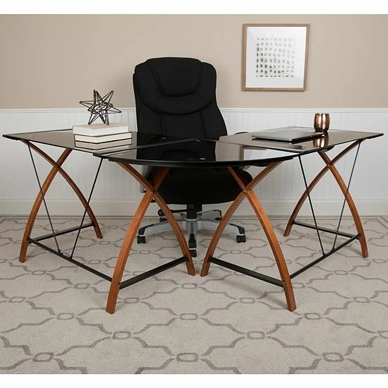 Emma+Oliver Emma And Oliver Glass L-Shape Desk With Pull-Out Keyboard Tray Black 2 Emma+Oliver Emma And Oliver Glass L-Shape Desk With Pull-Out Keyboard Tray Black - Image 2