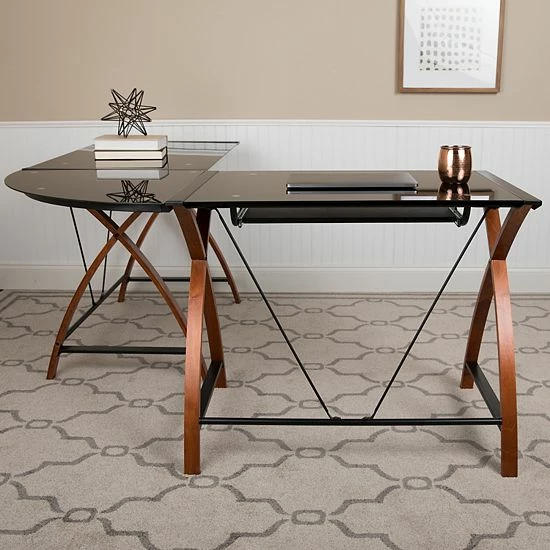 Emma+Oliver Emma And Oliver Glass L-Shape Desk With Pull-Out Keyboard Tray Black 3 Emma+Oliver Emma And Oliver Glass L-Shape Desk With Pull-Out Keyboard Tray Black - Image 3