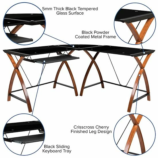 Emma+Oliver Emma And Oliver Glass L-Shape Desk With Pull-Out Keyboard Tray Black 4 Emma+Oliver Emma And Oliver Glass L-Shape Desk With Pull-Out Keyboard Tray Black - Image 4