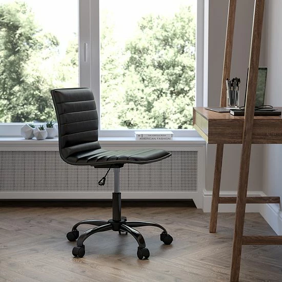 Emma+Oliver Emma And Oliver Low Back Designer Armless Light Gray Ribbed Swivel Task Office Chair Brown Vinylblack Frame 2 Emma+Oliver Emma And Oliver Low Back Designer Armless Light Gray Ribbed Swivel Task Office Chair Brown Vinylblack Frame - Image 2