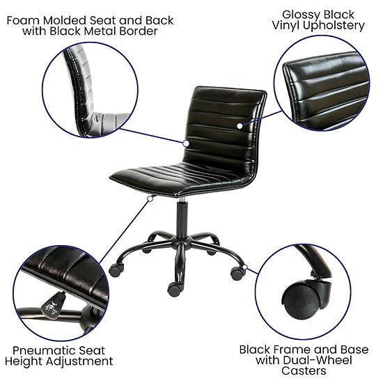 Emma+Oliver Emma And Oliver Low Back Designer Armless Light Gray Ribbed Swivel Task Office Chair Brown Vinylblack Frame 3 Emma+Oliver Emma And Oliver Low Back Designer Armless Light Gray Ribbed Swivel Task Office Chair Brown Vinylblack Frame - Image 3