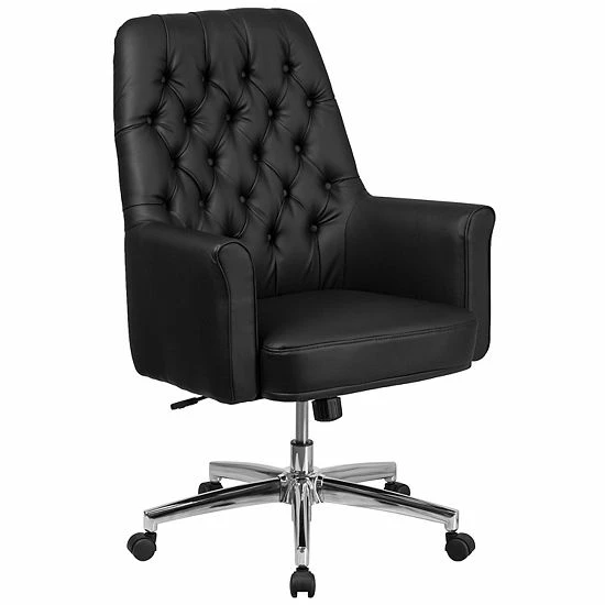 Emma+Oliver Emma And Oliver Mid-Back Traditional Tufted White LeatherSoft Swivel Office Chair With Arms Black 1 Emma+Oliver Emma And Oliver Mid-Back Traditional Tufted White LeatherSoft Swivel Office Chair With Arms Black