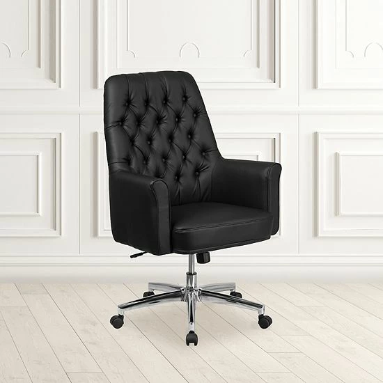 Emma+Oliver Emma And Oliver Mid-Back Traditional Tufted White LeatherSoft Swivel Office Chair With Arms Black 2 Emma+Oliver Emma And Oliver Mid-Back Traditional Tufted White LeatherSoft Swivel Office Chair With Arms Black - Image 2