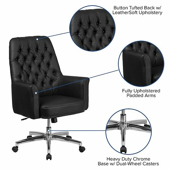 Emma+Oliver Emma And Oliver Mid-Back Traditional Tufted White LeatherSoft Swivel Office Chair With Arms Black 3 Emma+Oliver Emma And Oliver Mid-Back Traditional Tufted White LeatherSoft Swivel Office Chair With Arms Black - Image 3