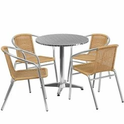 Emma+Oliver Emma And Oliver 27.5" Round Aluminum Table Set-4 Black Rattan Chairs Beige