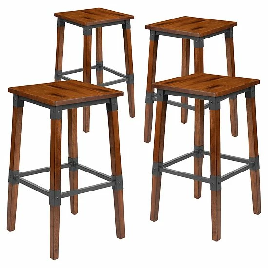 Emma+Oliver Emma And Oliver 4 Pack Commercial Grade Rustic Walnut Industrial Style Backless Wood Barstool 1 Emma+Oliver Emma And Oliver 4 Pack Commercial Grade Rustic Walnut Industrial Style Backless Wood Barstool