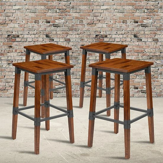 Emma+Oliver Emma And Oliver 4 Pack Commercial Grade Rustic Walnut Industrial Style Backless Wood Barstool 2 Emma+Oliver Emma And Oliver 4 Pack Commercial Grade Rustic Walnut Industrial Style Backless Wood Barstool - Image 2