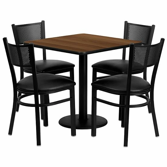 Emma+Oliver Emma And Oliver 30" Square Walnut Laminate Table Set, 4 Grid Back Metal Chairs 1 Emma+Oliver Emma And Oliver 30" Square Walnut Laminate Table Set, 4 Grid Back Metal Chairs