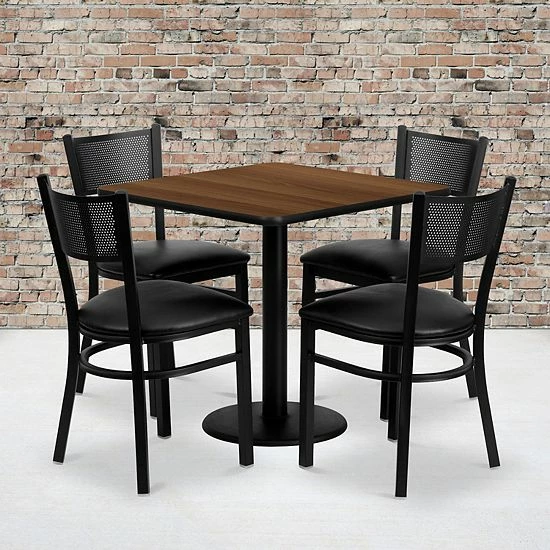 Emma+Oliver Emma And Oliver 30" Square Walnut Laminate Table Set, 4 Grid Back Metal Chairs 2 Emma+Oliver Emma And Oliver 30" Square Walnut Laminate Table Set, 4 Grid Back Metal Chairs - Image 2