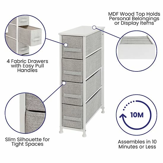 Emma+Oliver Emma And Oliver 4 Drawer Slim Dresser Storage Tower-White Wood Top & Gray Fabric Pull Drawers Blackgray 3 Emma+Oliver Emma And Oliver 4 Drawer Slim Dresser Storage Tower-White Wood Top & Gray Fabric Pull Drawers Blackgray - Image 3